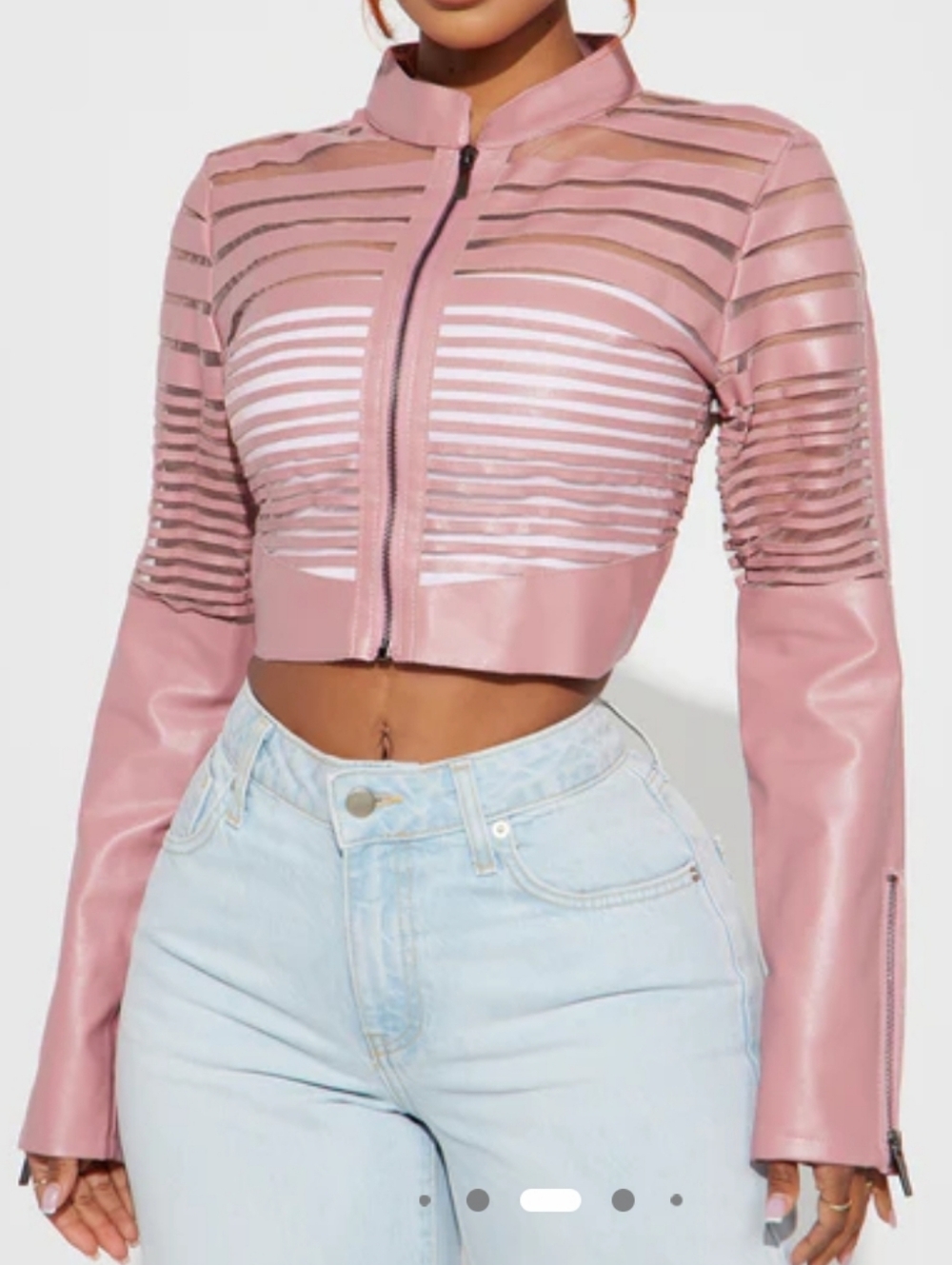 Cropped Pink Laser-Cut Faux Leather Jacket